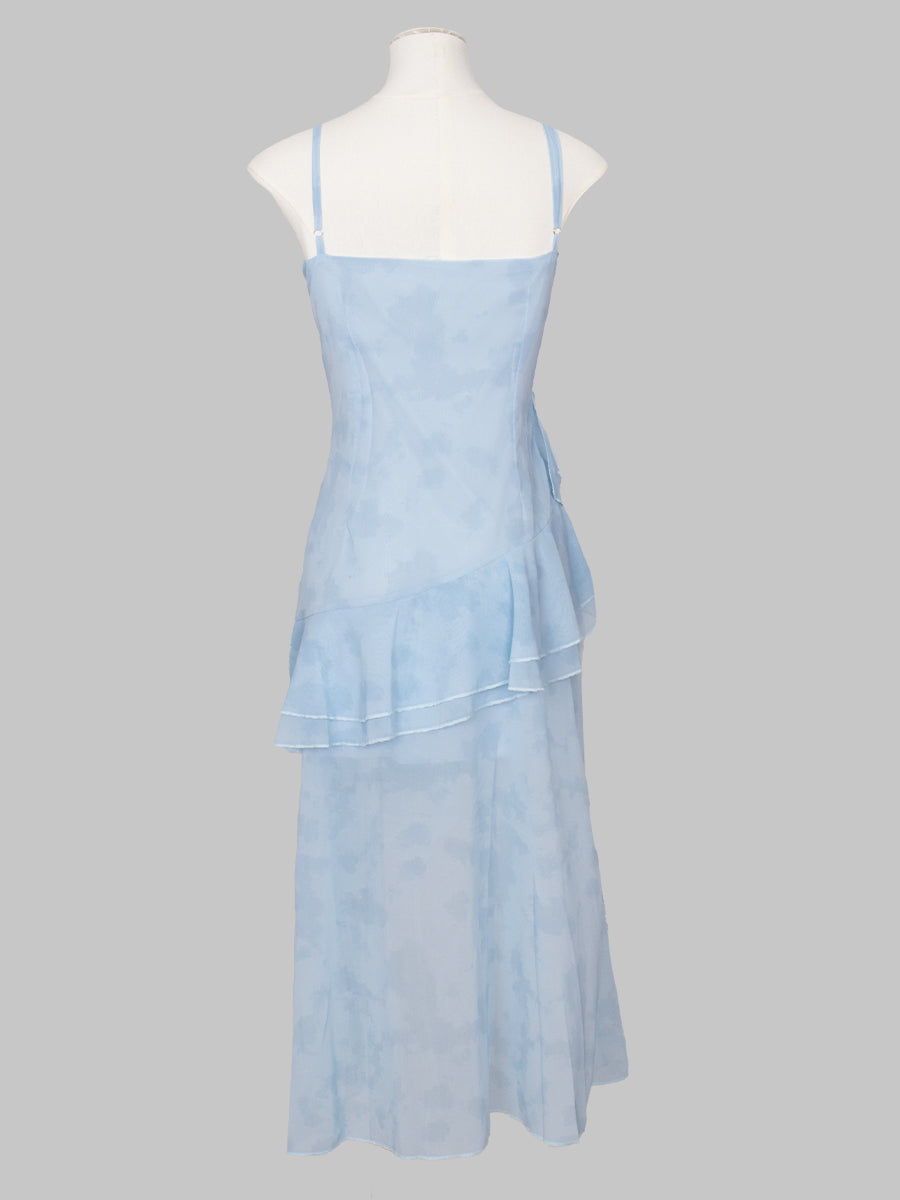 Blue Floral Print Irregular Long Dress