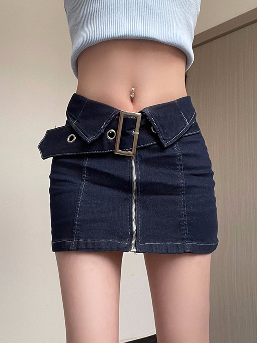 Denim Zipper Skirt with Belt