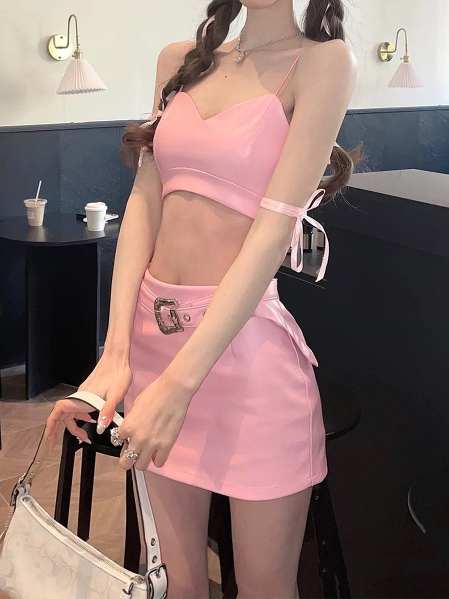 Barbie Pink Camisole Top + A-line Skirt with Belt Set