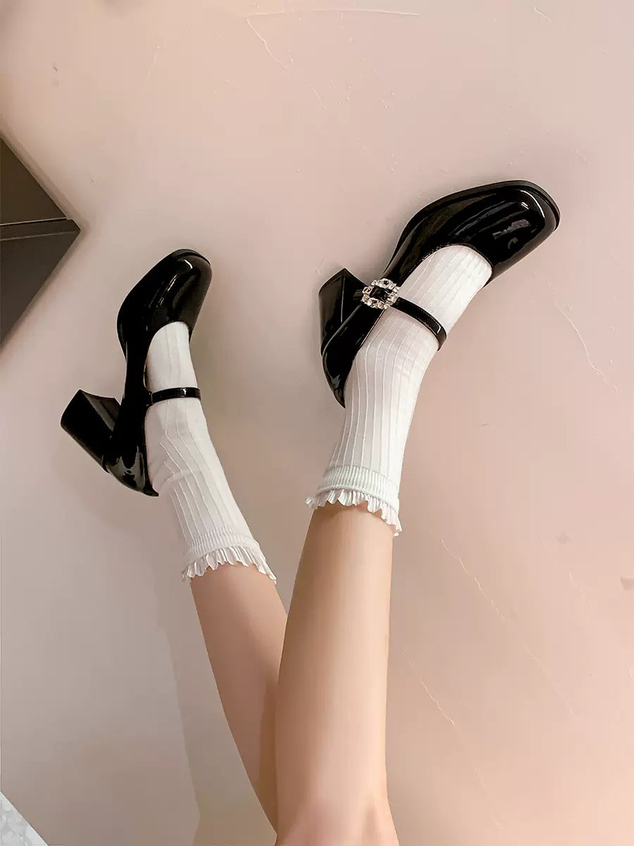 Square Toe Chunky Heeled Ankle Strap Mary Jane Pumps Shoes