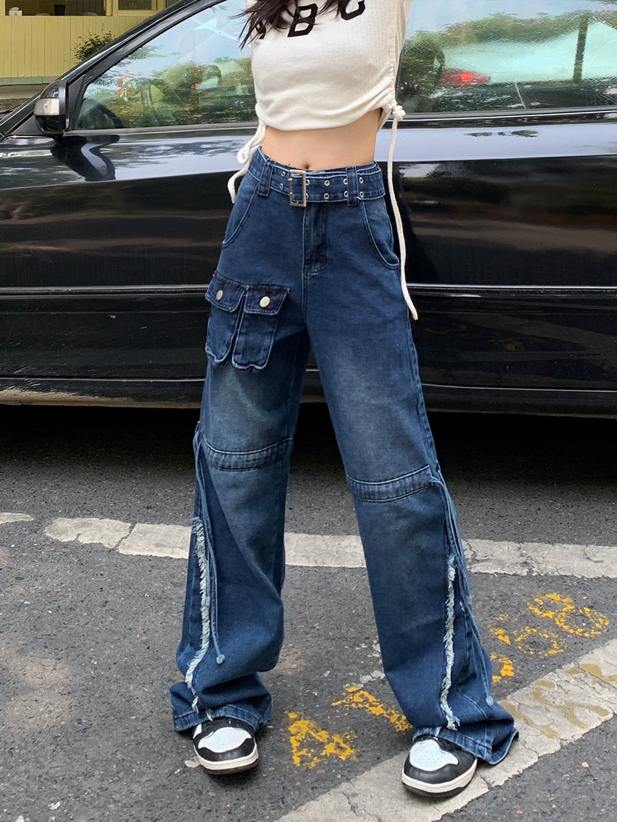 Blue Ripped Loose Fit Denim Jeans with Belt