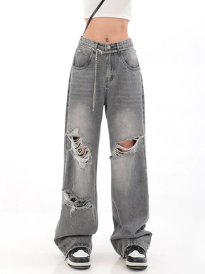 Vintage Grey Ripped Denim Straight Loose Jeans