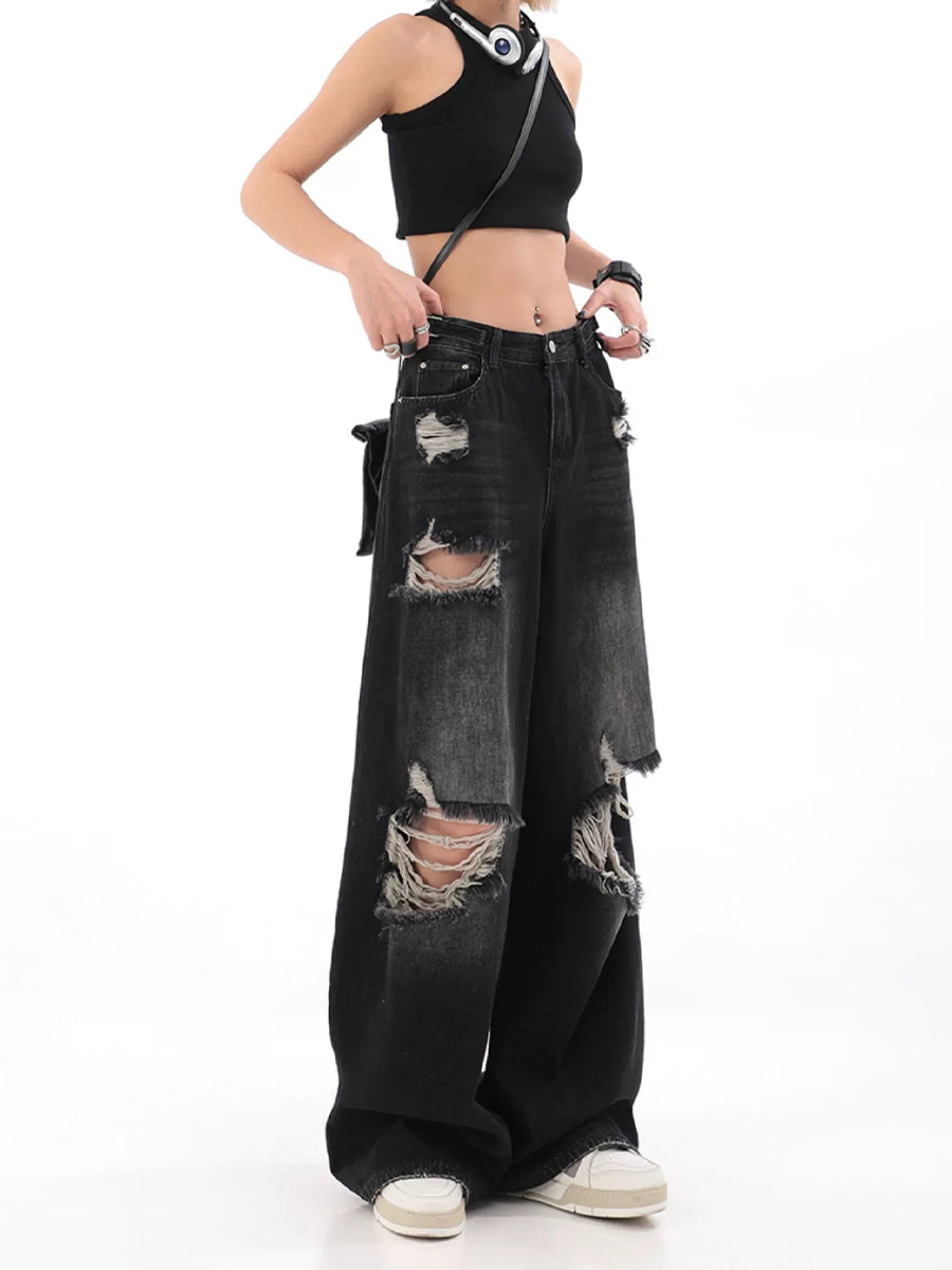 Vintage Ripped Denim Straight Loose Jeans