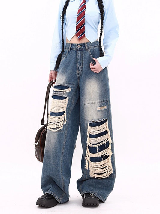 Blue High-Waisted Ripped Baggy Wide-Leg Jeans