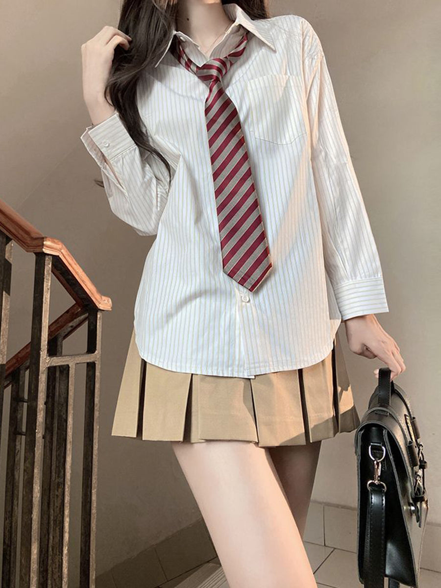 Classic Loose Striped Long Sleeve Shirt with Tie Belt