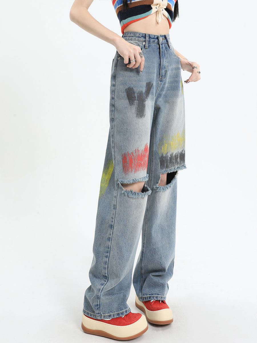 Graffiti Ripped Denim Jeans