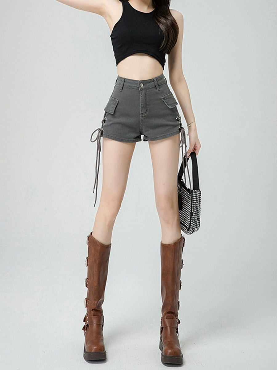 Solid Color Drawstring Fake Pocket Deco Denim Shorts
