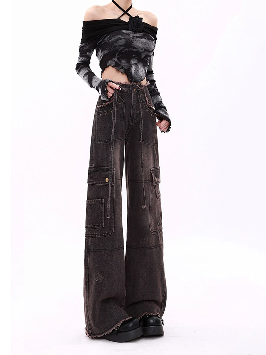 High Waist Drawstring Loose Cargo Ripped Jeans