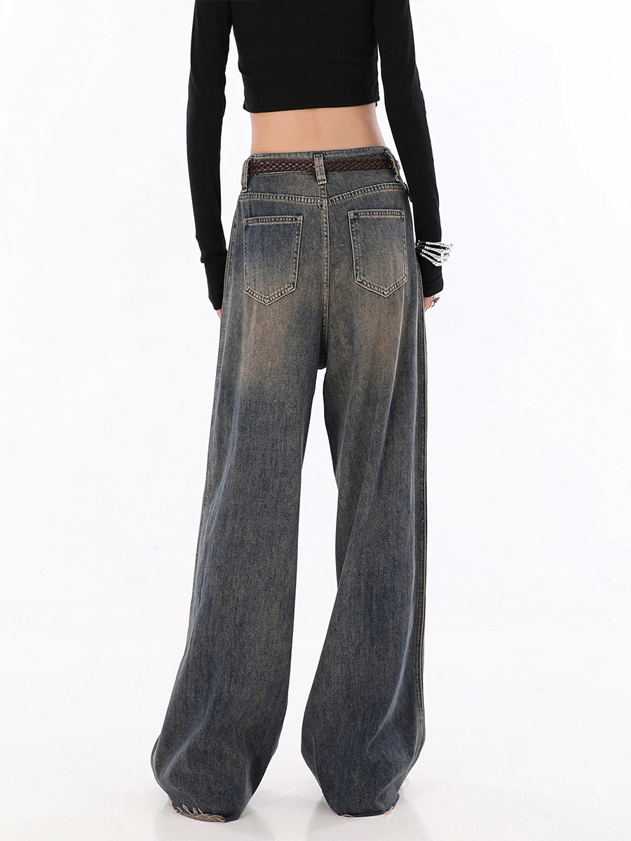 Vintage Relaxed Fit Grey Raw Edge Hem Denim Jeans