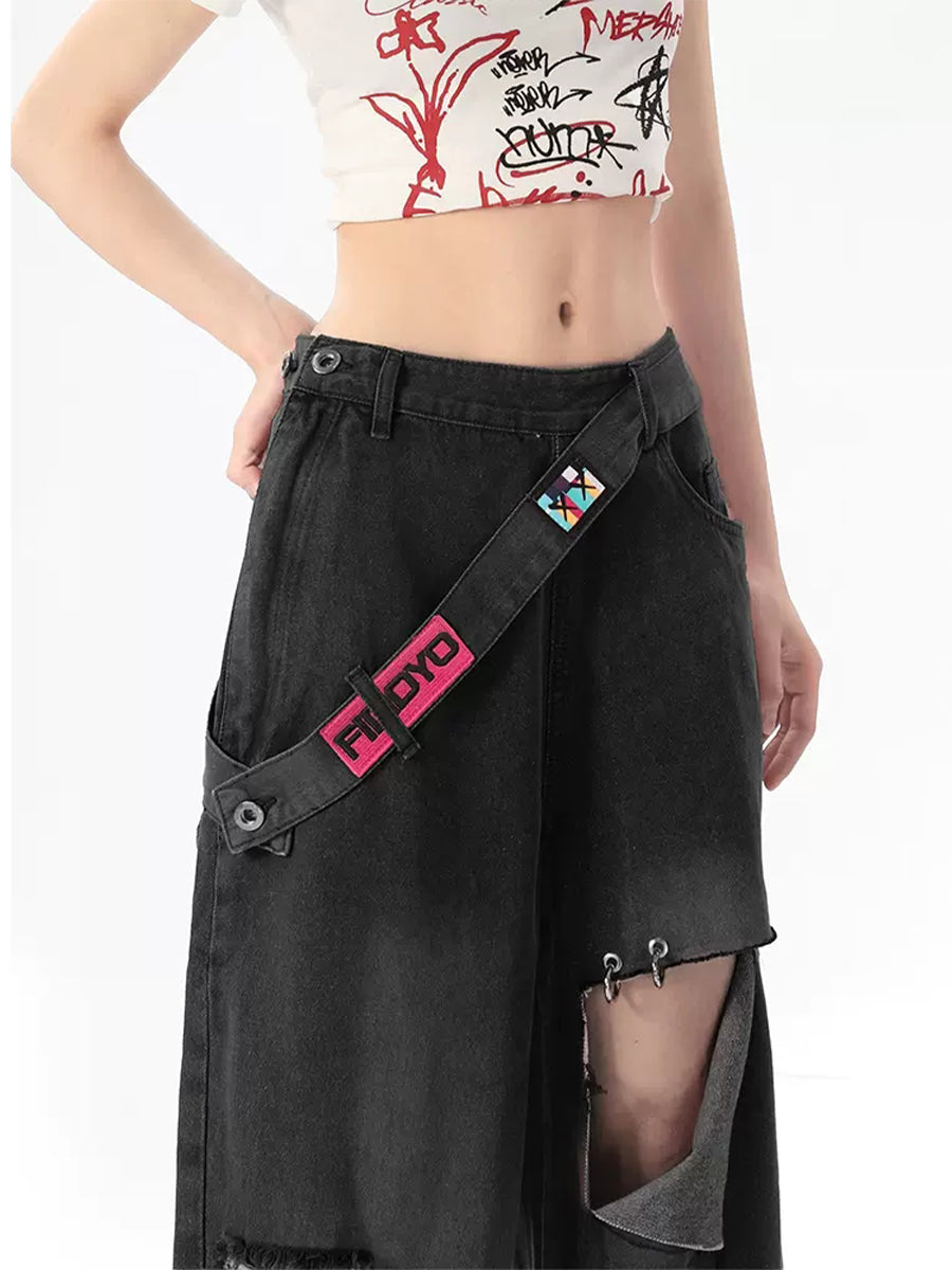 Solid Color Loose Fit Side Zipper Jeans