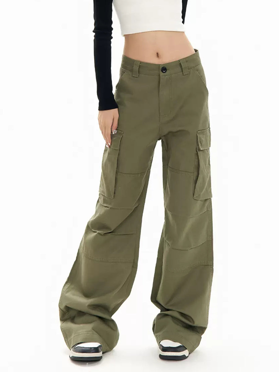 Solid Color Casual High Waist Loose Cargo Pants