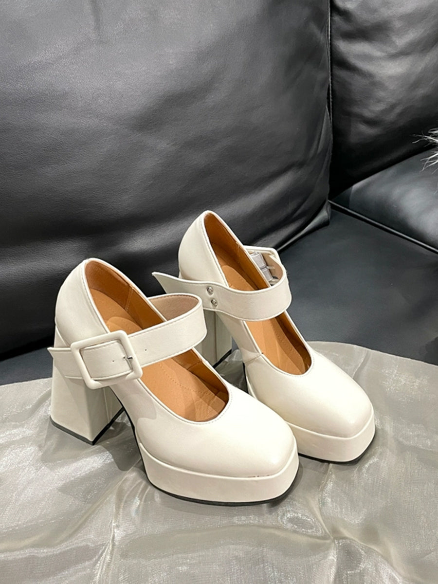 White Buckle Decor Platform Chunky Heel Mary Janes Shoes