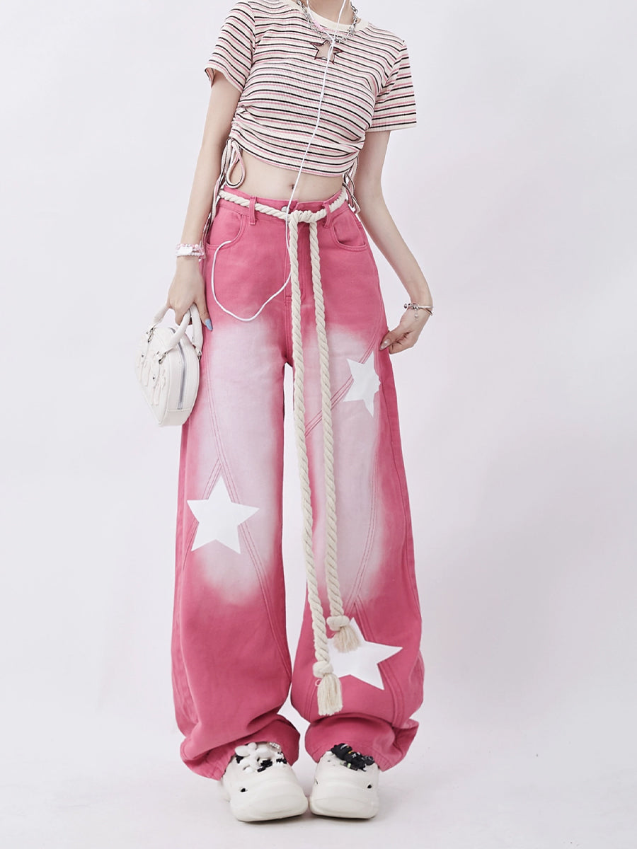 Y2K Pink Loose White Stars Print Jeans with Belted Rope