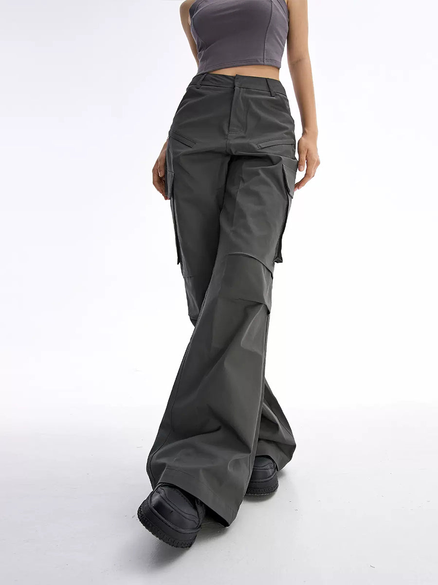 Dark Gray Straight Leg High Waist Casual Cargo Pants