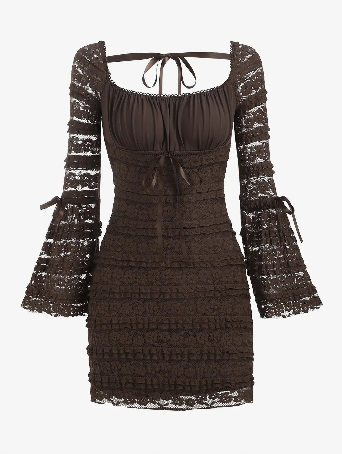 Sexy Vintage Mullet Hem Flared Long Sleeve Lace Up Slim Dress
