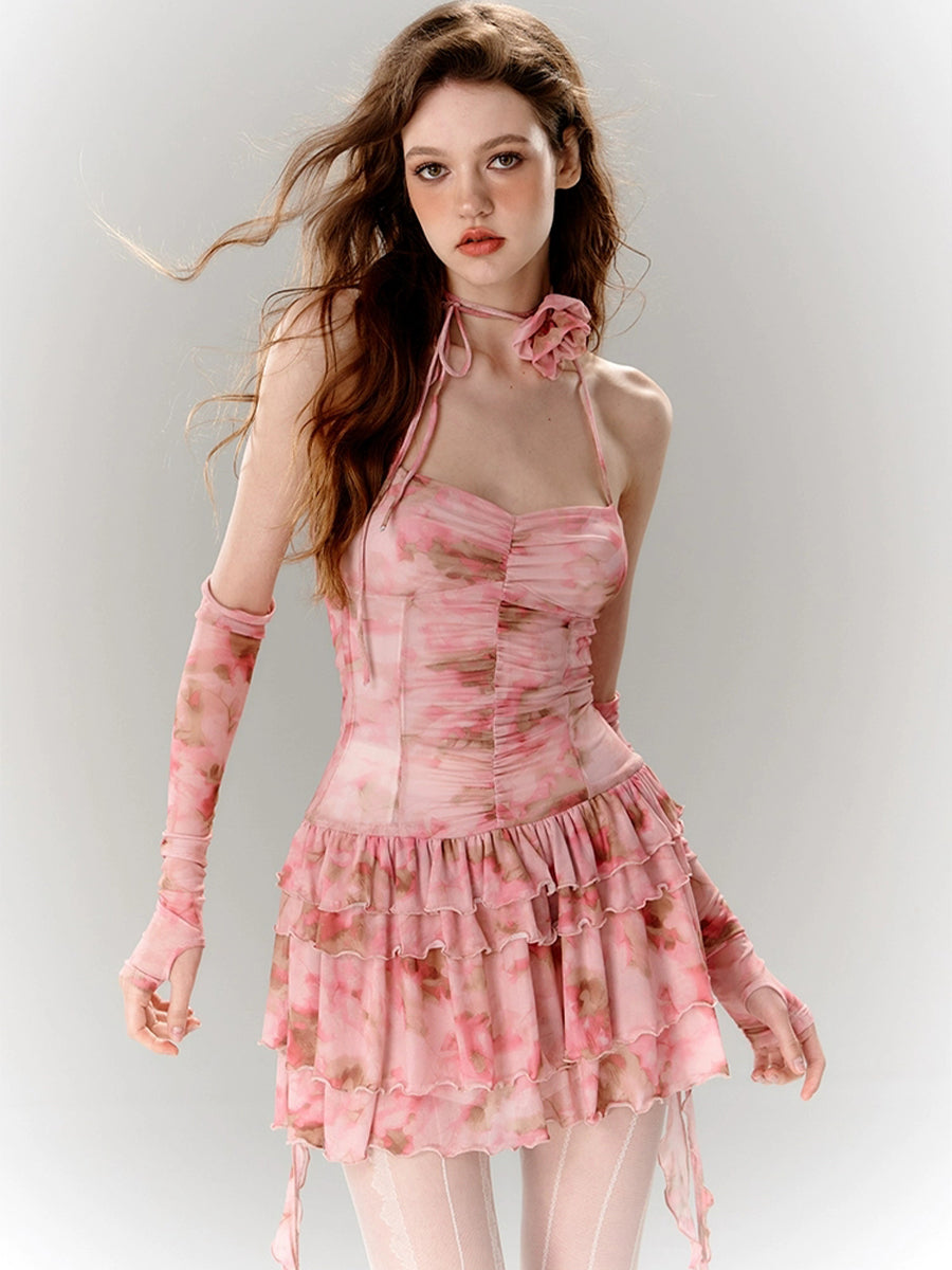Floral Printed Multi Layered Hem Dress with Sleeve Sets