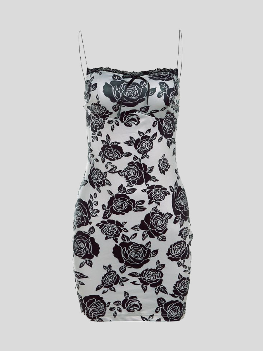 Black Floral Printed Skinny Bodycon Cami Dress