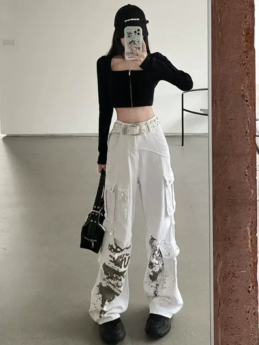 Casual Graffiti White Loose Jeans