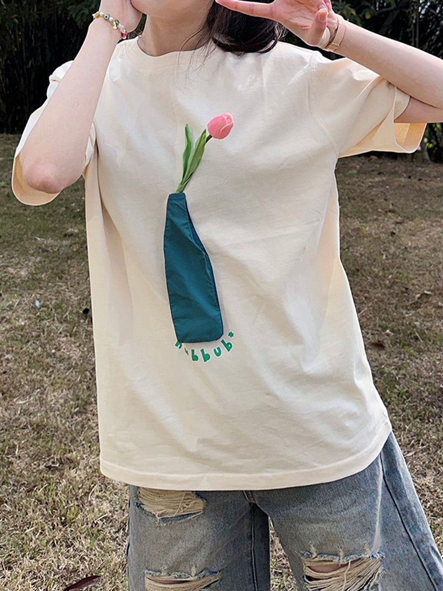 Tulip Print Oversize Short Sleeve Top