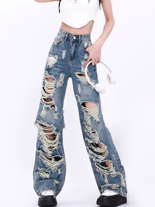 High-Waisted Ripped Baggy Wide-Leg Jeans