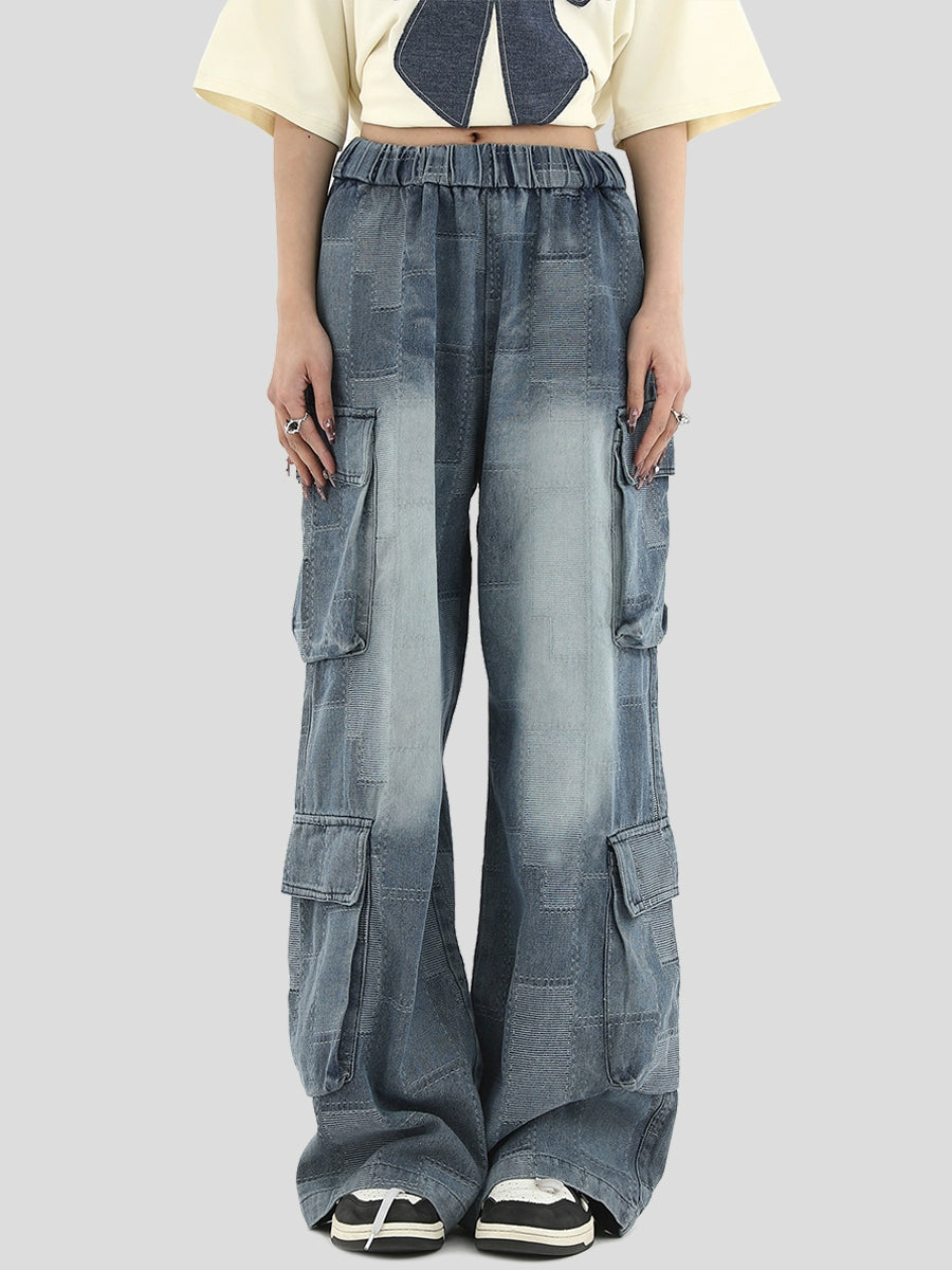 Street Blue Multi Pocket Loose Plaid Casual Jeans