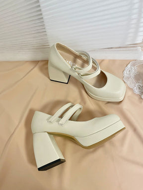 Buckle Decor Platform Chunky Heel White Mary Janes Shoes