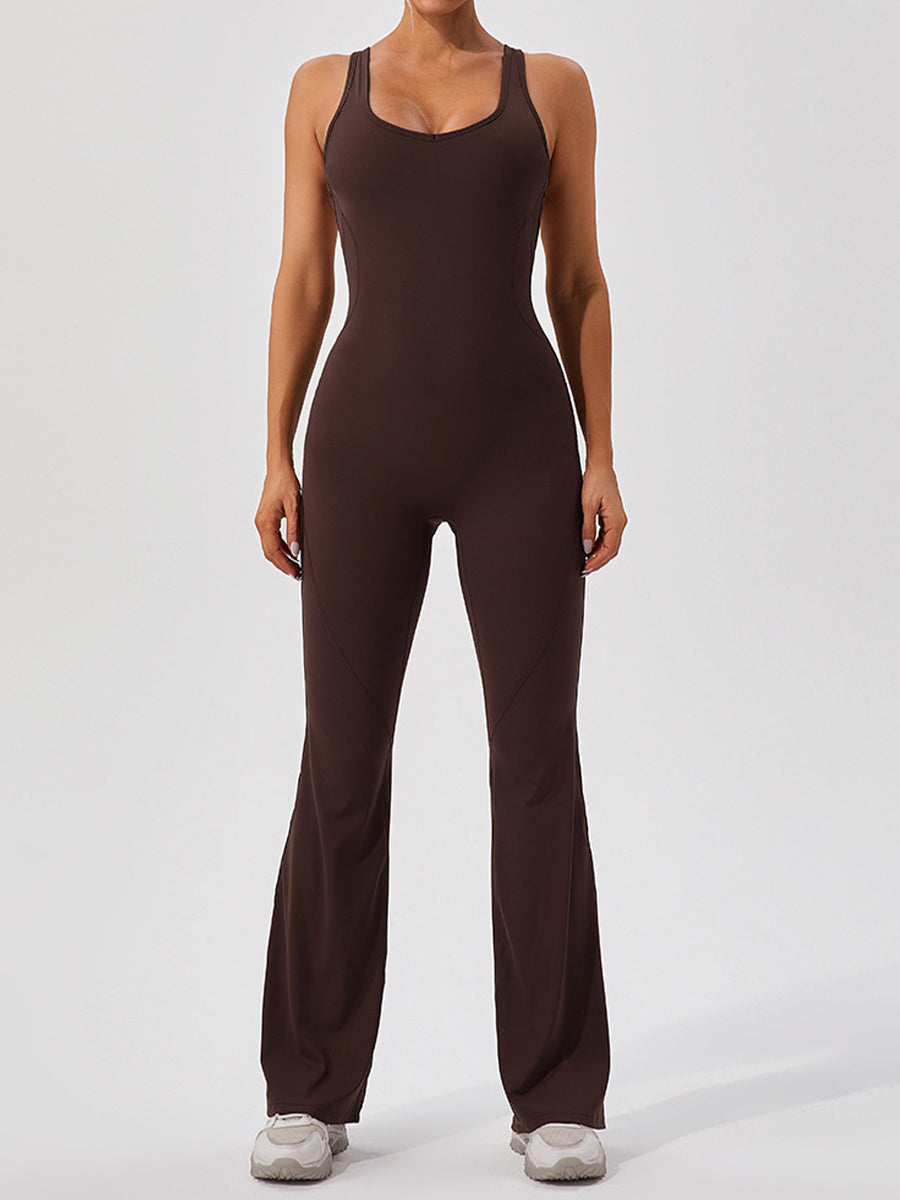 Plain Women Unitards Backless Flare Leg Skin-Friendly Sleeveless Romper