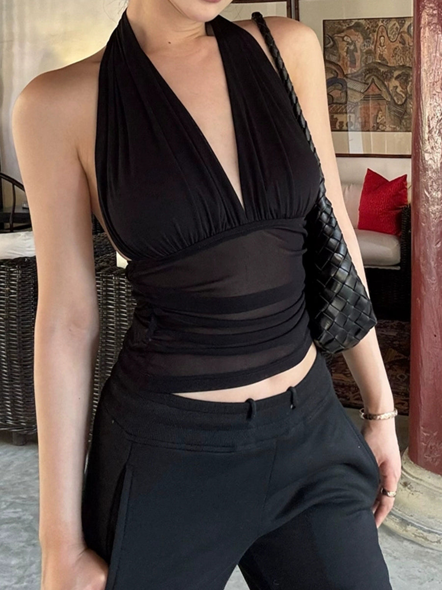 Solid Color Sleeveless Mesh Halter Top