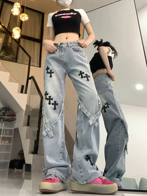Y2K Black Cross Embroidered Blue Loose Fit Jeans