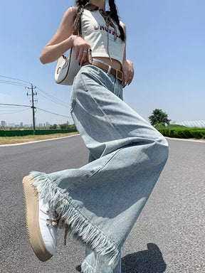 Solid Color Irregular Pockets Loose Tassel Hem Blue Jeans