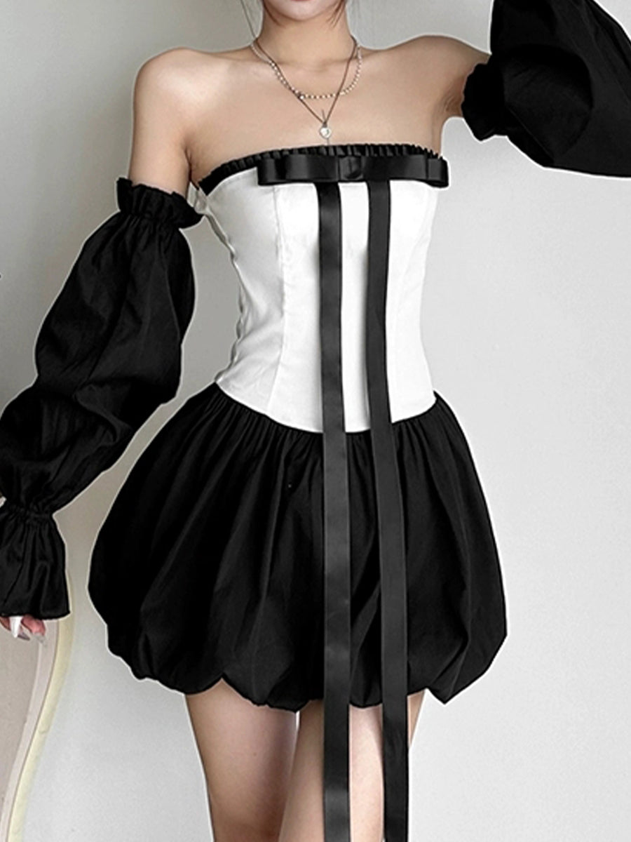 Black and White Patchwork Fluffy Hem Bow Long Sleeve Dress