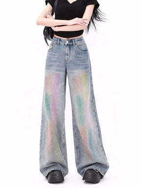 High-Waisted Rainbow Tie-Dye Loose Jeans