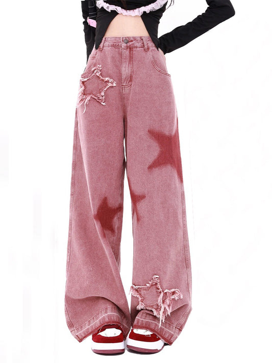 Pink Stars Raw Hem Loose Fit Denim Jeans