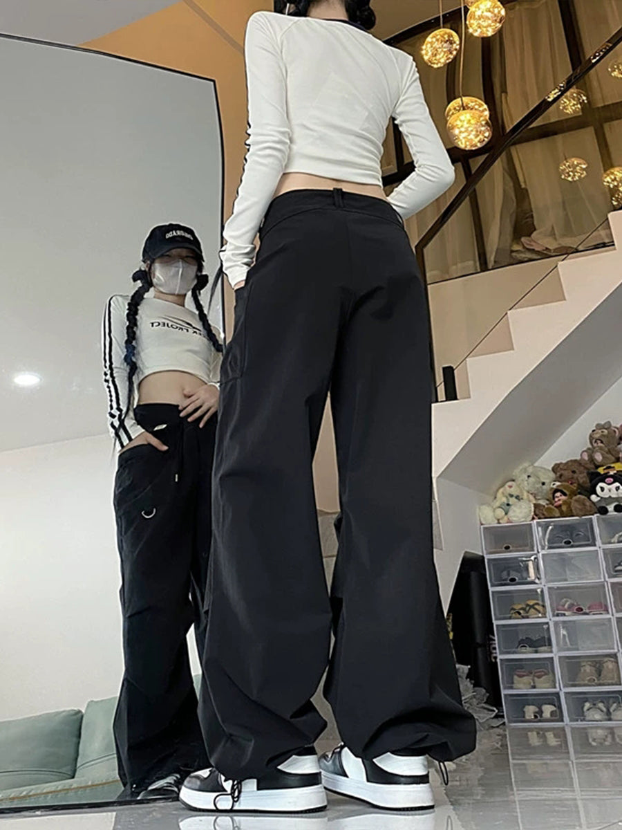 Solid Color Casual Loose Waist Drawstring Pants