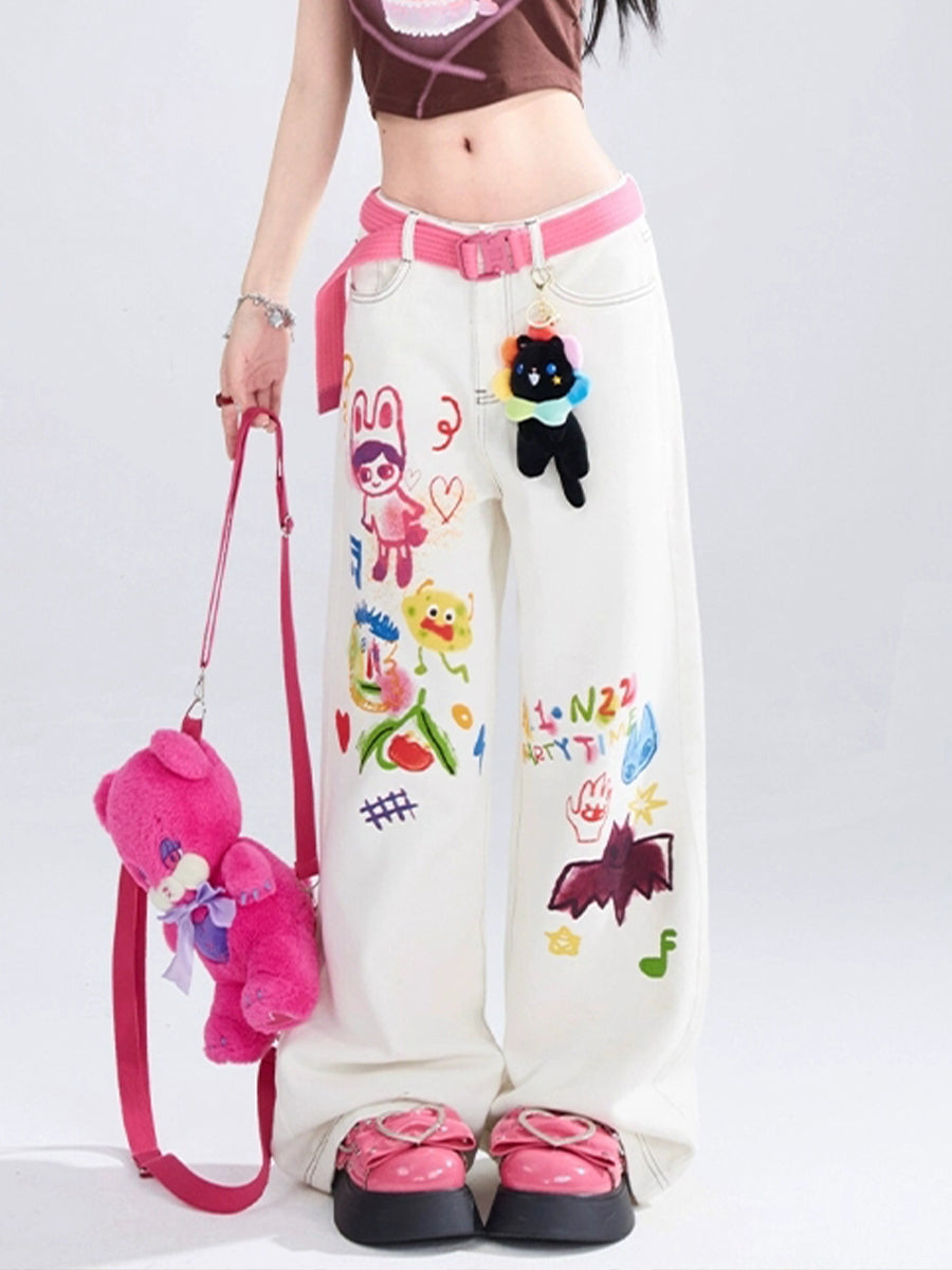 Cartoon Graffiti White Denim Jeans
