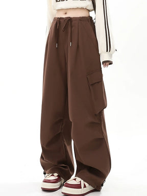 Solid Color Wide-Leg Cargo Drawstring Casual Pants