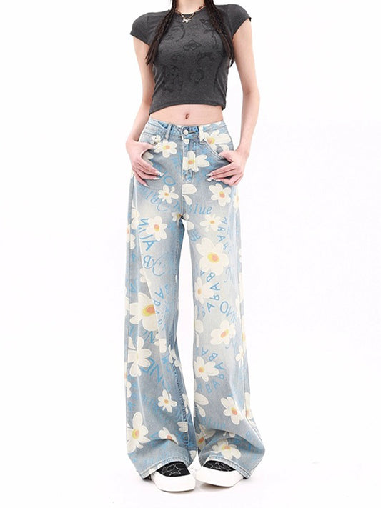 Daisy Printed Loose Fit Denim Jeans
