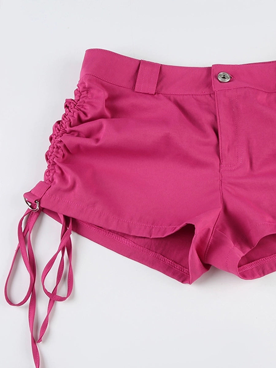 Pink Low Waisted Drawstring Ruched Tie Side Skinny Shorts