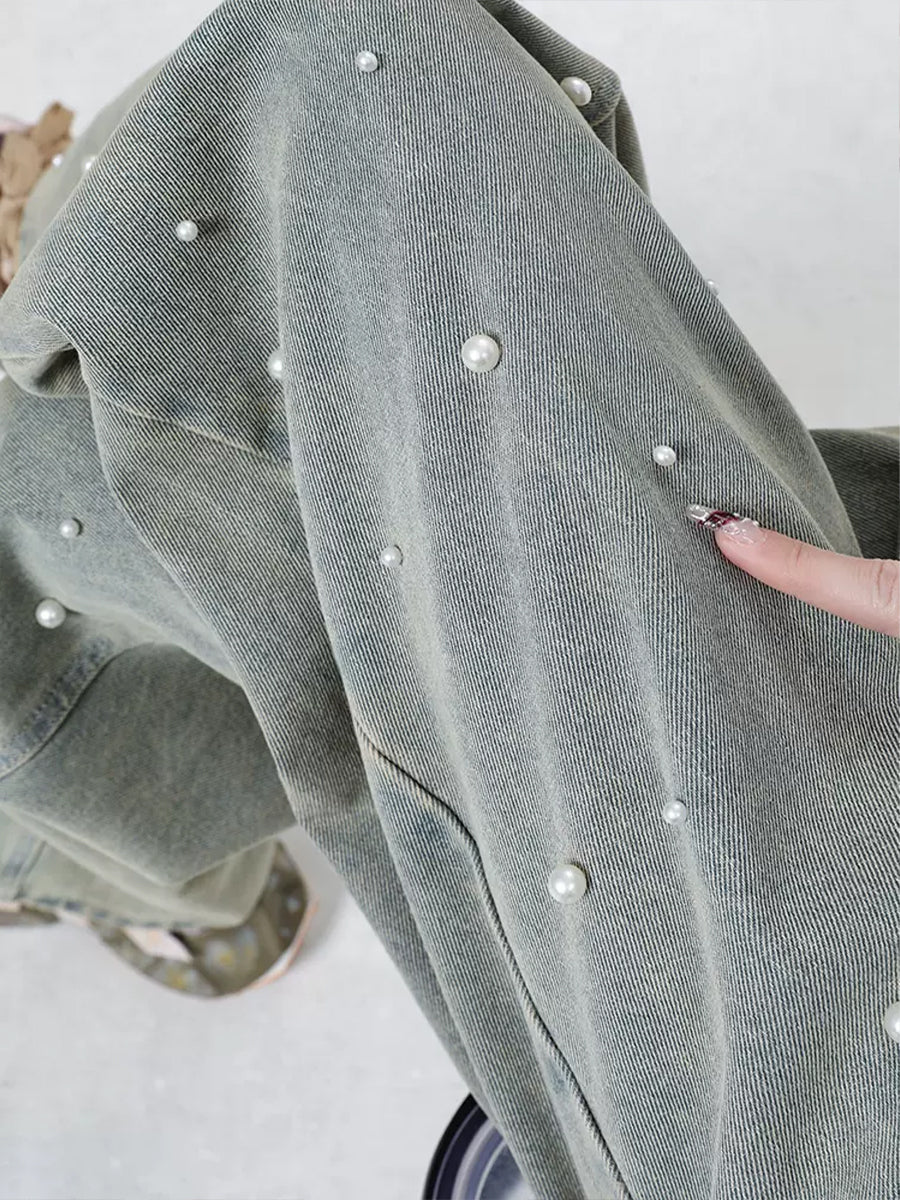 Grey Faux Pearl Studded Straight Jeans