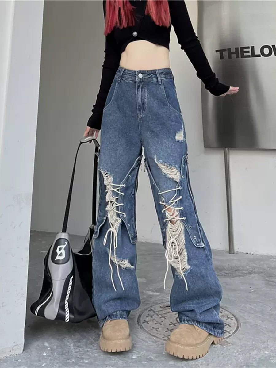 Blue Ripped Lace-Up Jeans