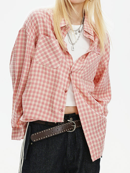 Vintage Plaid Long Sleeve Loose Shirt Double Pocket Top