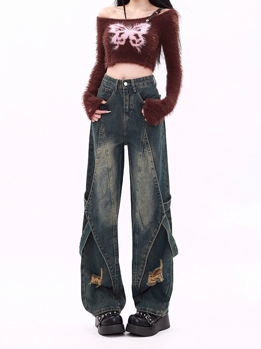 High Waisted Loose Fake Two Piece Jeans