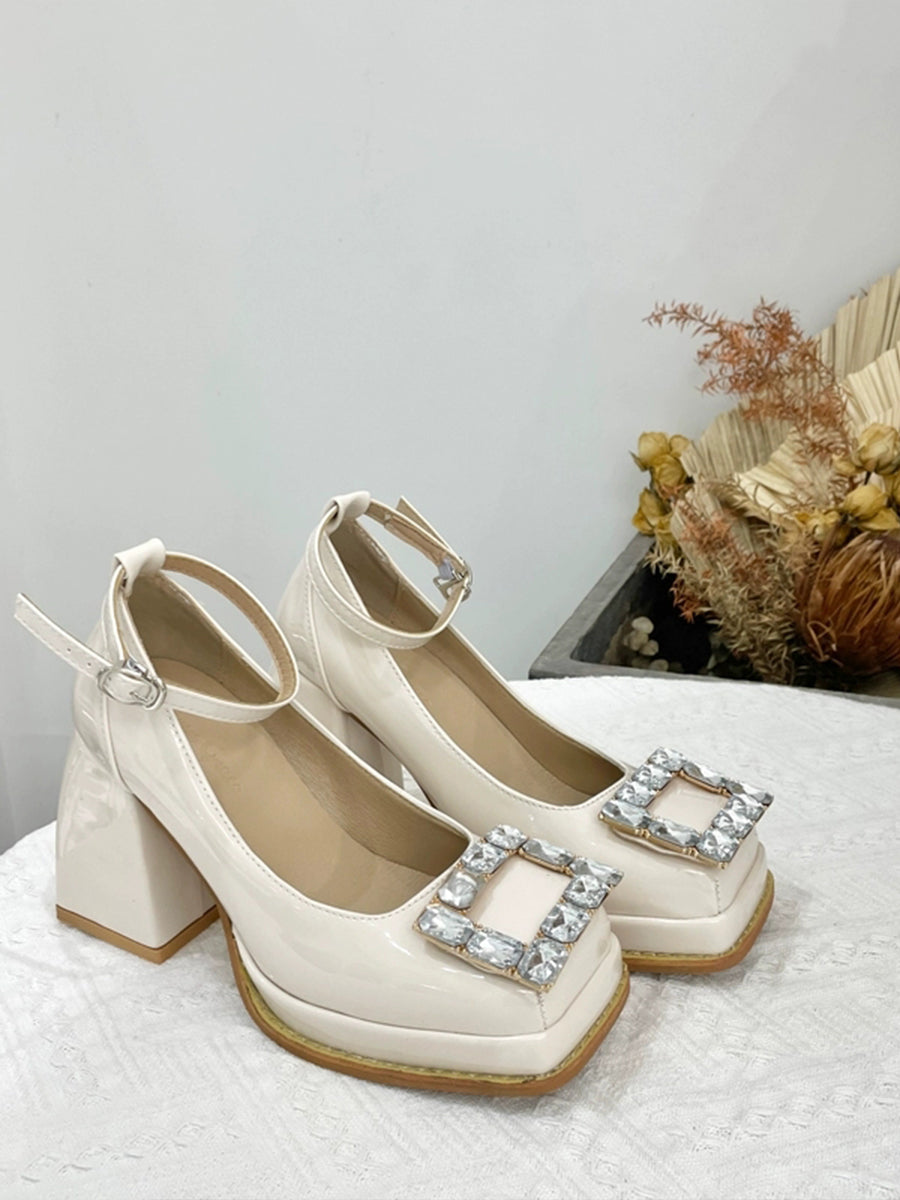 Light Crystal Embellished Square Toe Mary Jane Heels Shoes