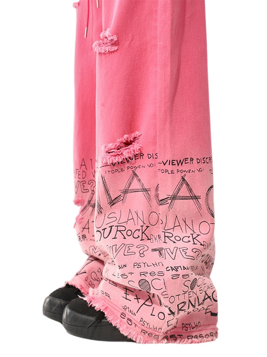 Graffiti Pattern Hem Ripped Loose Drawstring Jeans