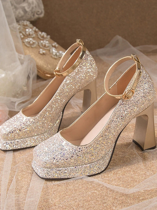 Rhinestone Square Toe Mary Jane Heels Pumps