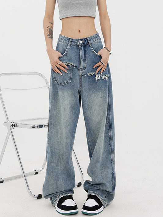 Vintage Design Loose Low Rise Straight Leg Blue Denim Jeans