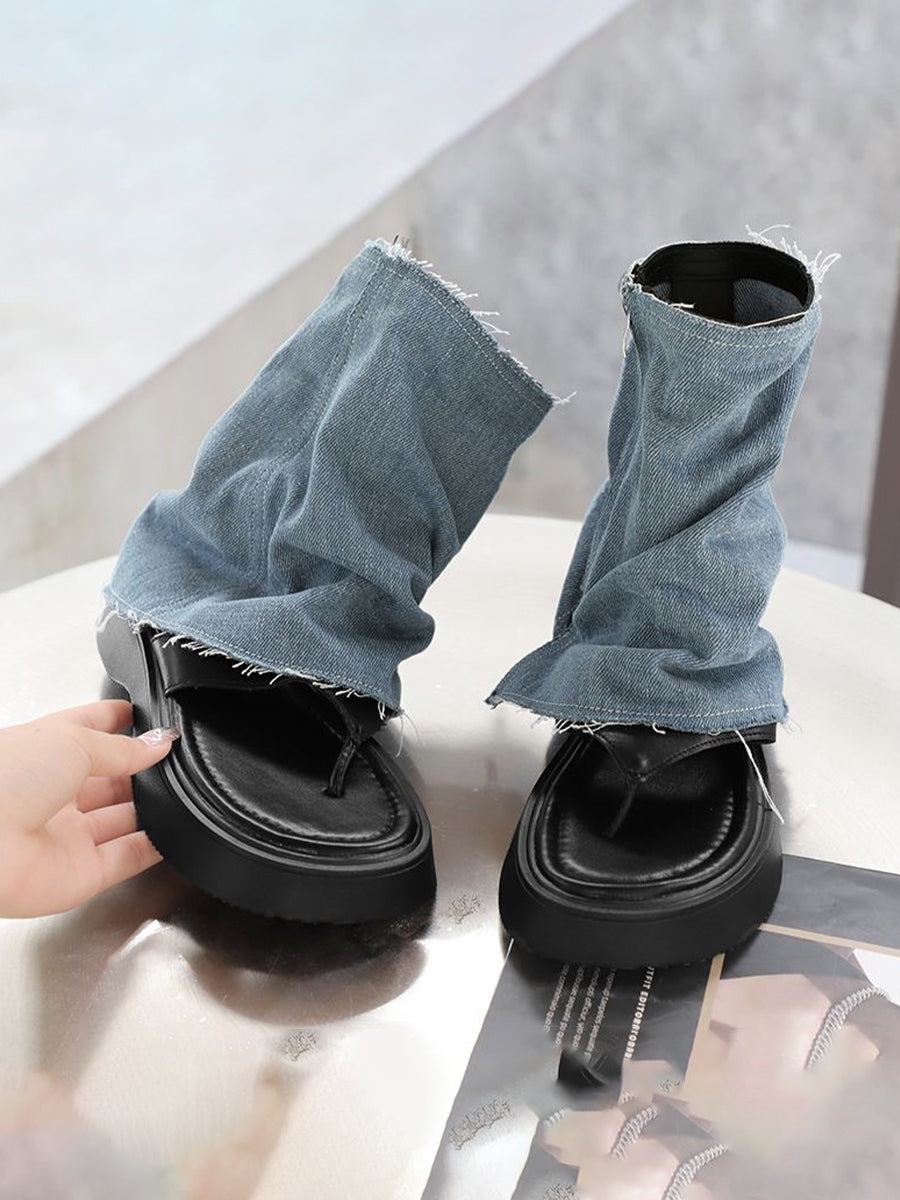 Vintage Denim Boots Zipper Slippers