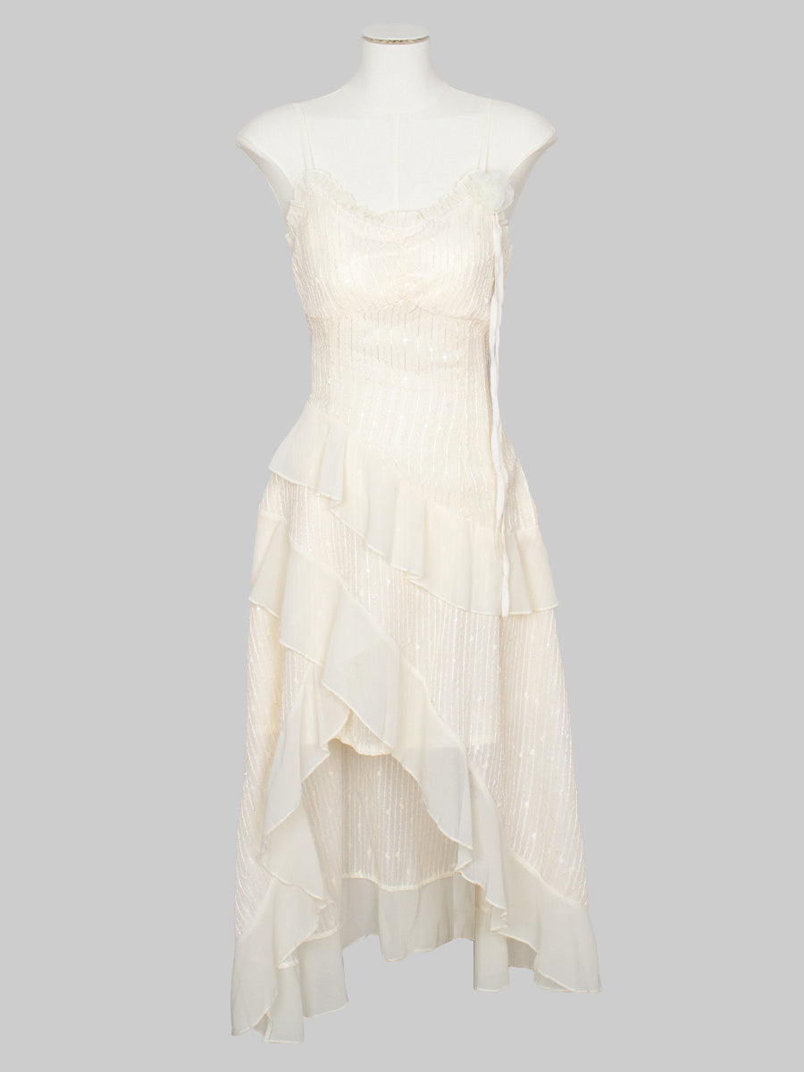 Solid Color Apricot Patchwork Lace Irregular Long Dress
