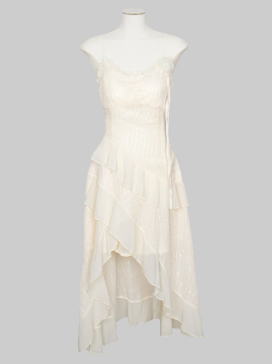 Solid Color Apricot Patchwork Lace Irregular Long Dress