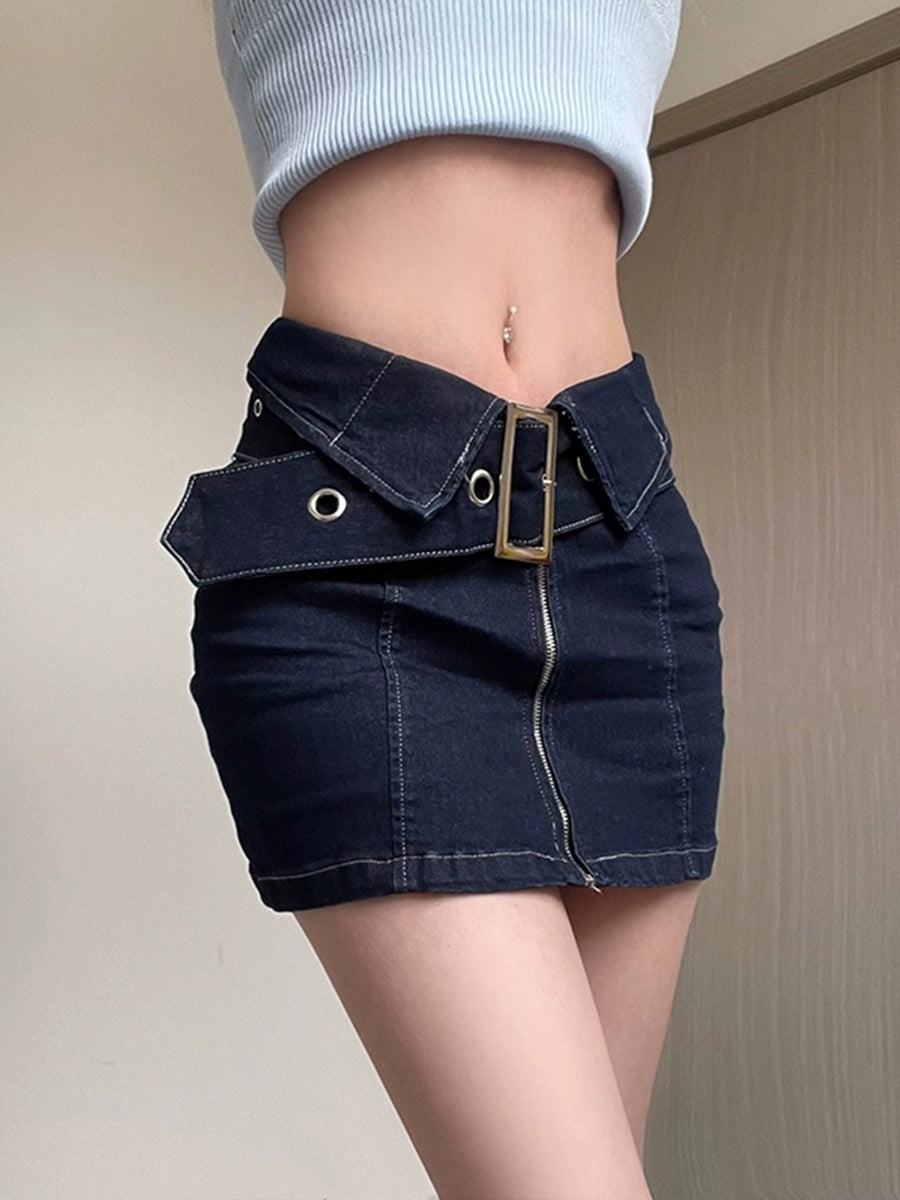 Denim Zipper Skirt with Belt